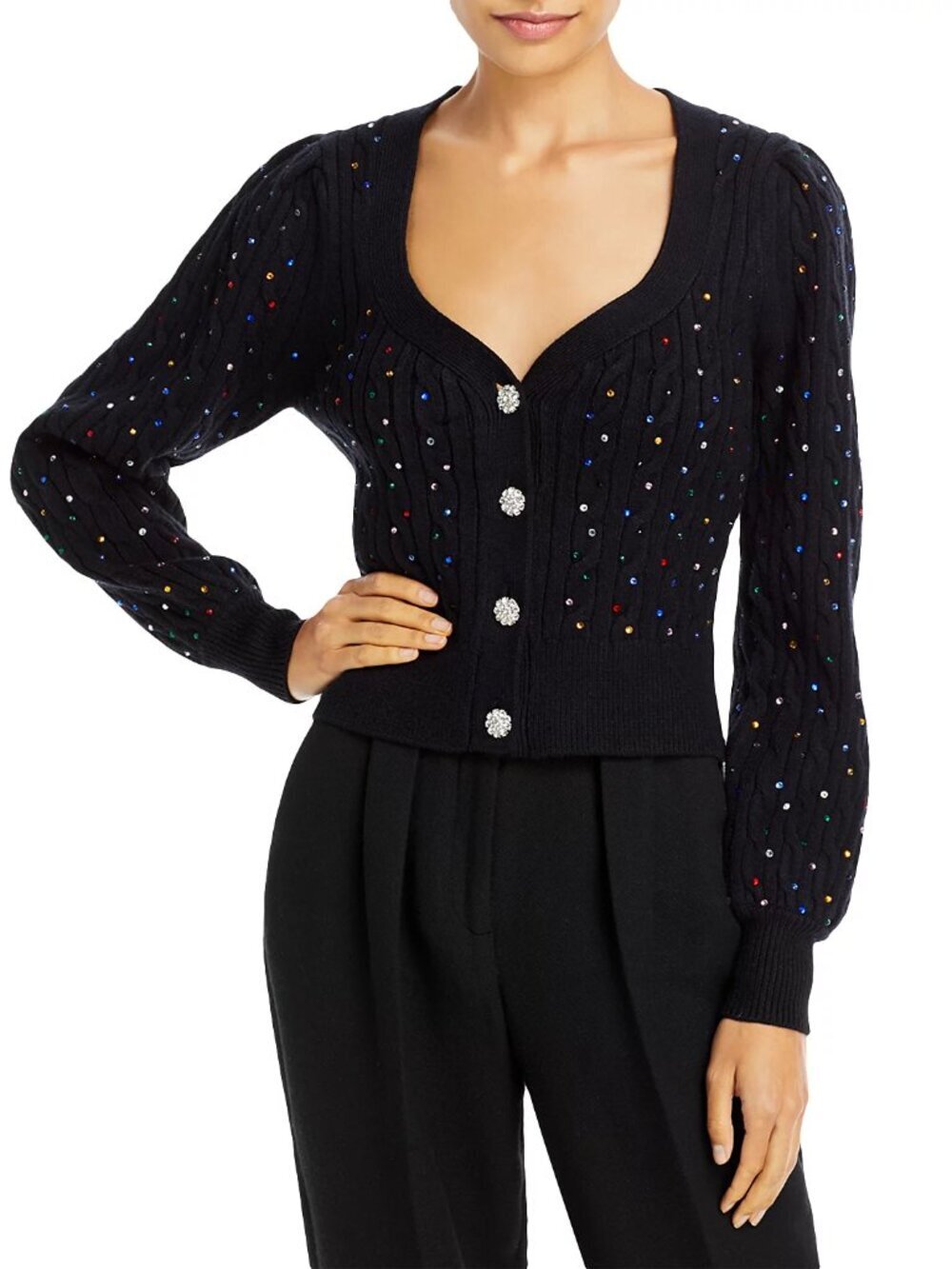 NWOT AQUA Black Rhinestone Studded Cable Knit Cardigan Sweater, Size S